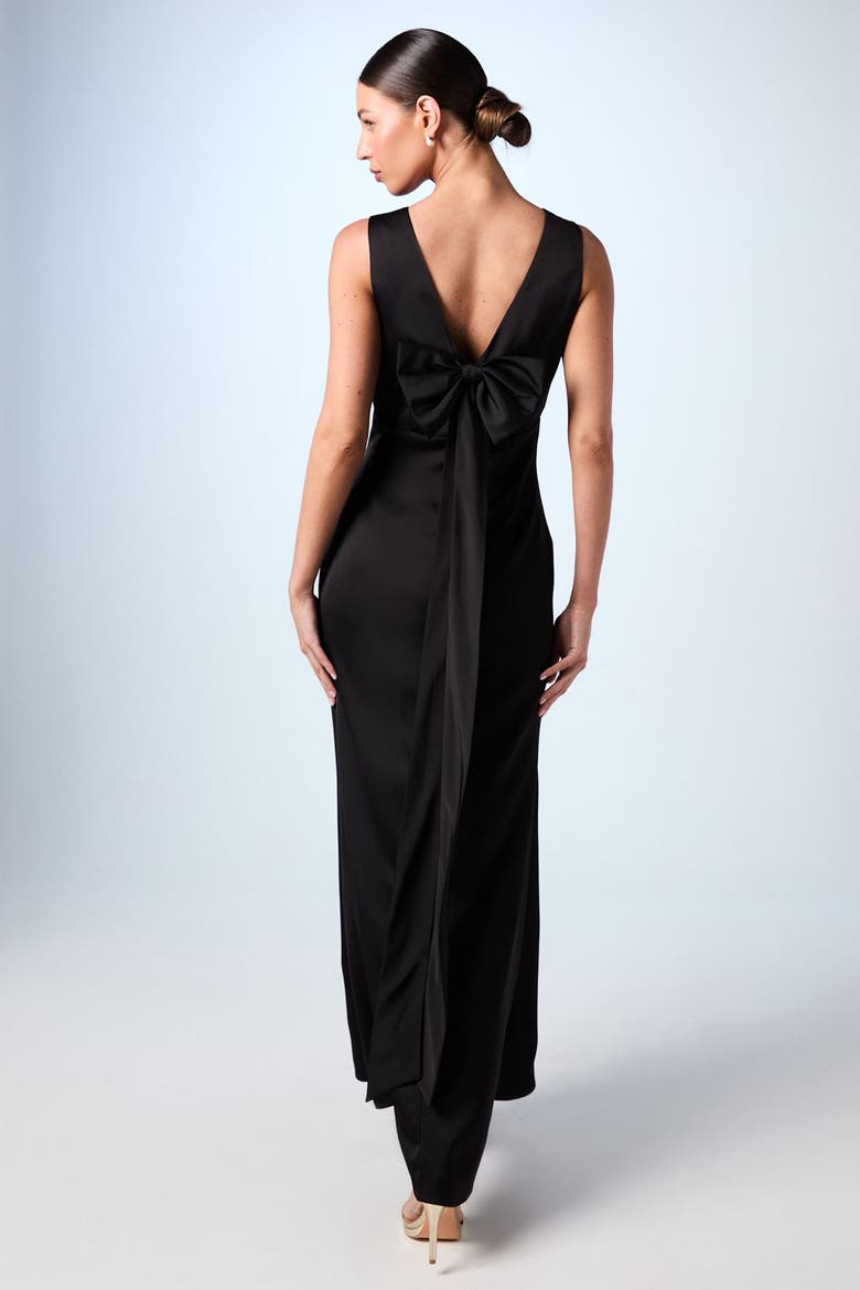 Bow Back V-Neck Satin Bridesmaid Dress, Alternate, color, Black