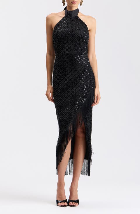 Fringe Asymmetric Halter Midi Dress