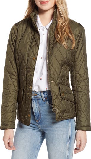 BARBOUR Flyweight Quilted Jacket Khaki Outer Snap Placket top Womens Utility Size 10