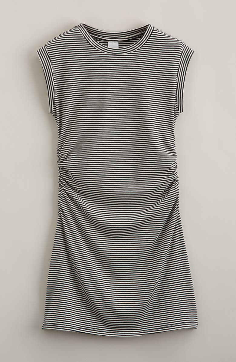 Nordstrom Kids' Ruched Knit Dress, Main, color, Black- Ivory Micro Stripe