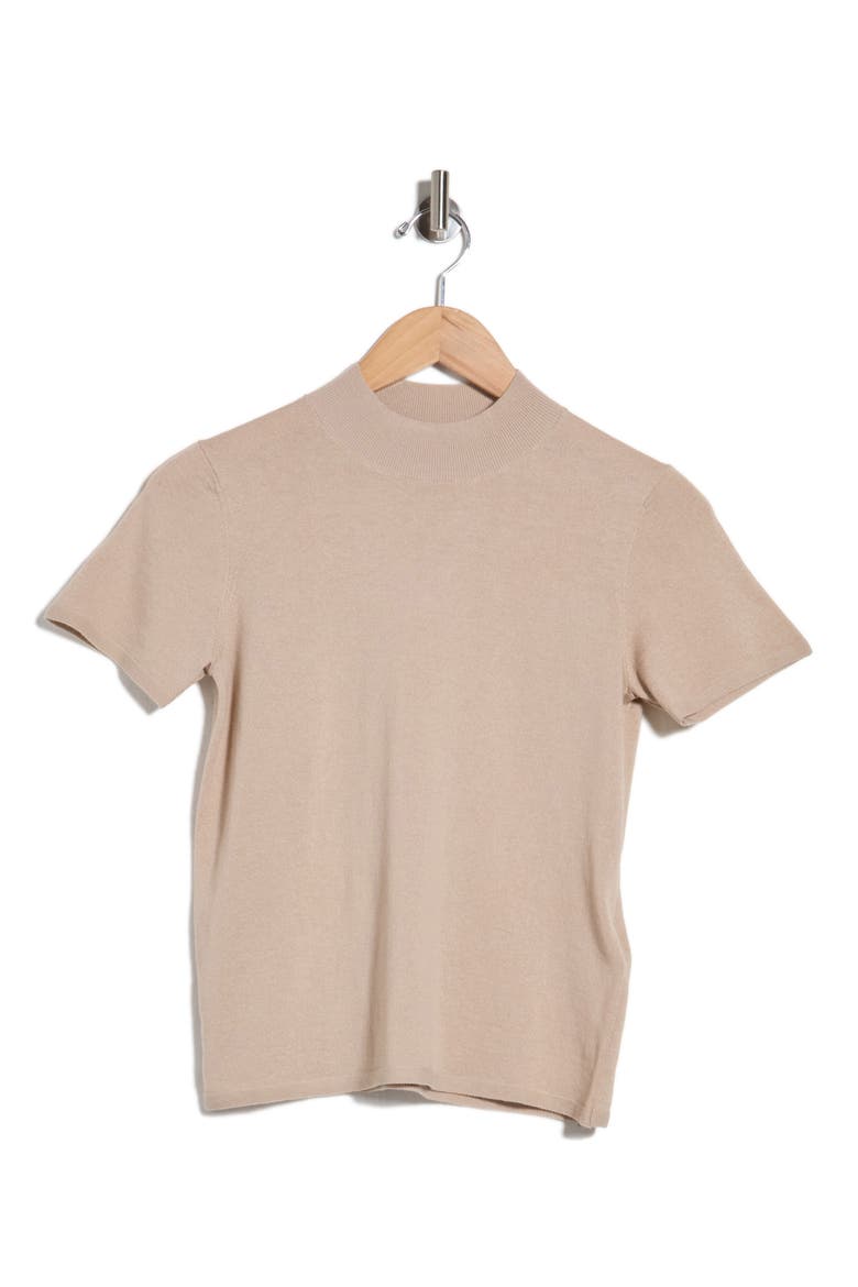 Mock Neck Short Sleeve Cotton & Wool Top, Main, color, WOOL BLEND OATM