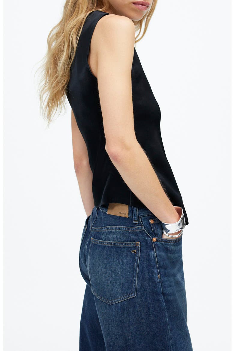 Button Front Satin Vest Top, Alternate, color, TRUE BLACK