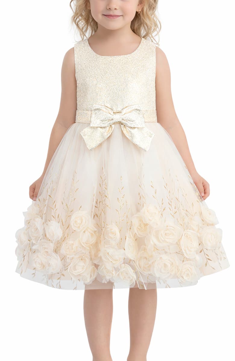 Zunie Kids' Foil Print Sleeveless Soutache Party Dress, Alternate, color, Champagne