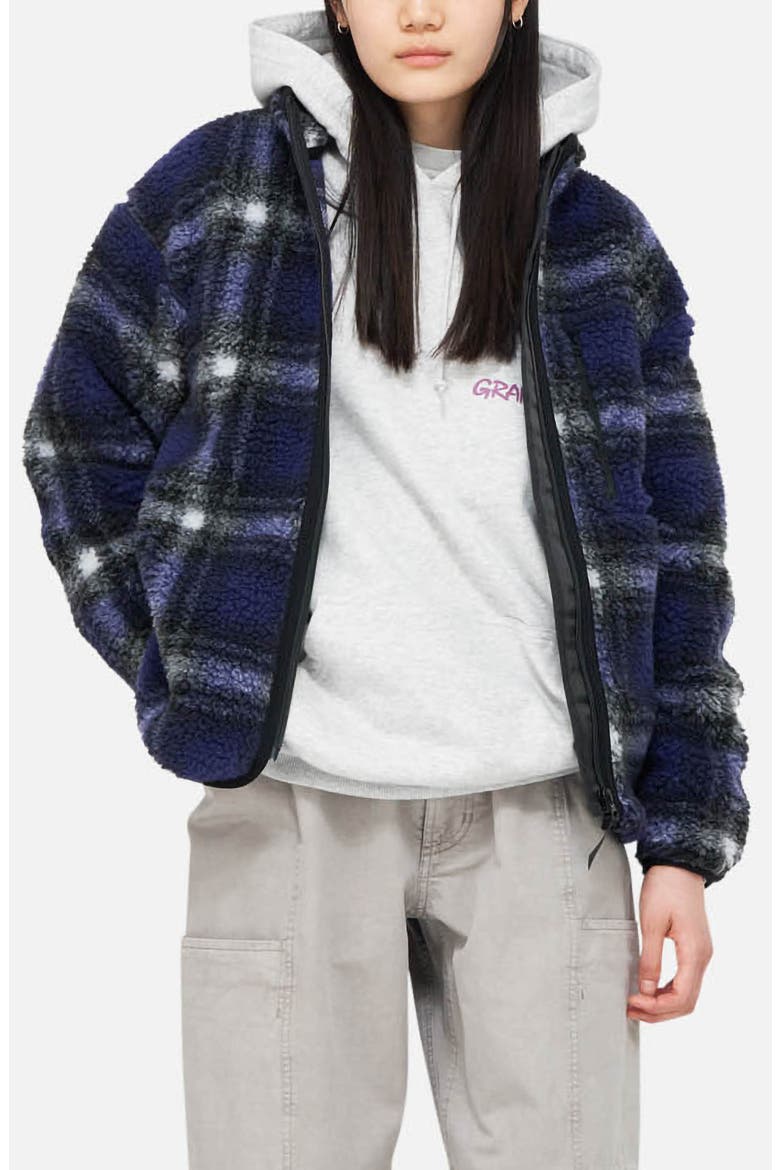 Shadow Plaid Faux Shearling Jacket, Main, color, PURPLE SHADOW PLAID