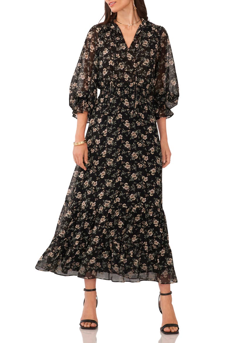 Floral Long Sleeve Midi Dress, Main, color, RICH BLACK