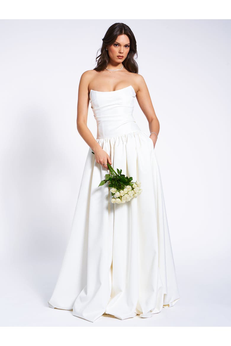 Umay Drop Waist Satin Corset Bridal Gown, Alternate, color, White
