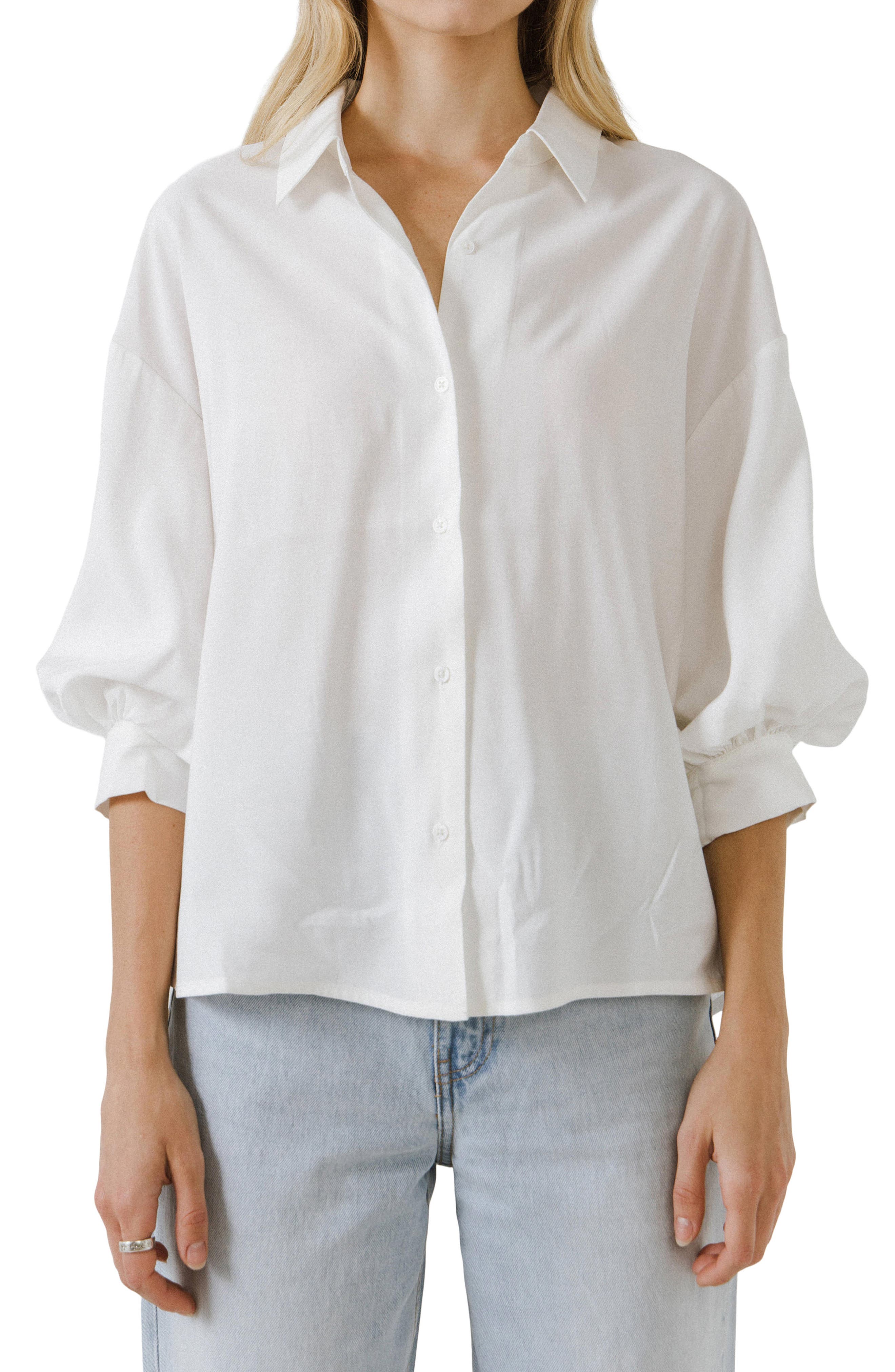 English Factory Balloon Sleeve Button-Up Shirt in White 