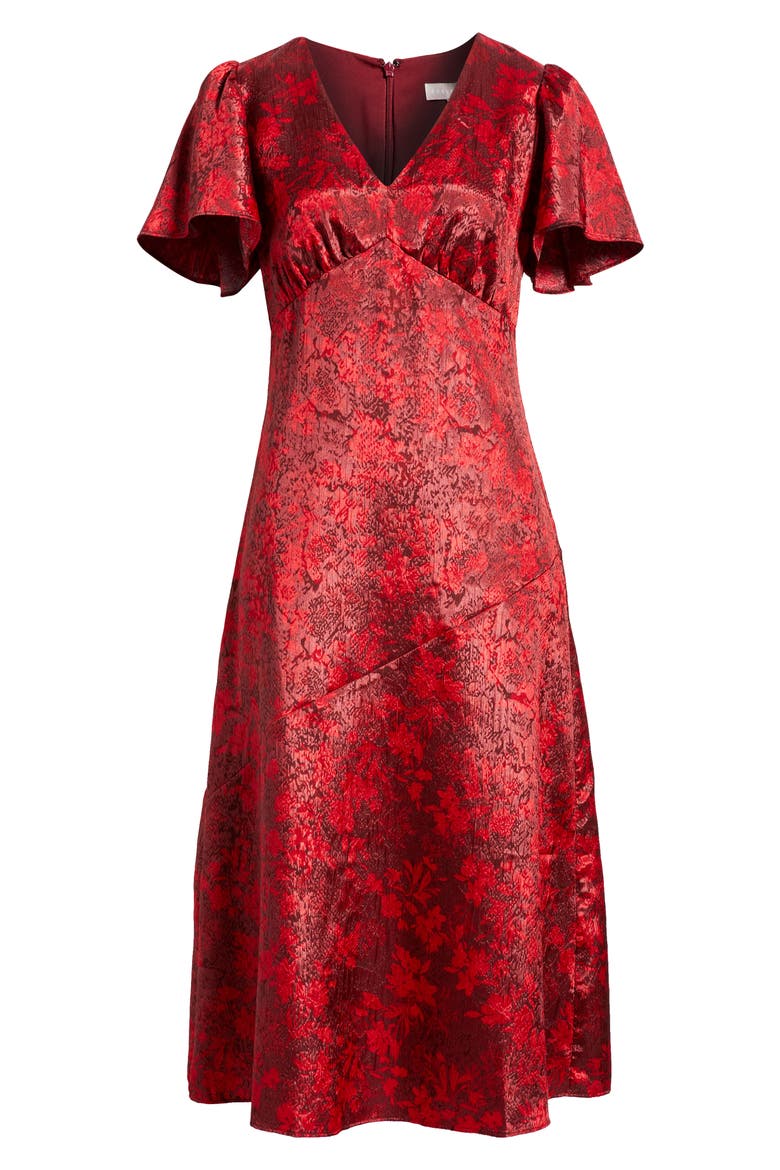 Floral Jacquard Draped Midi Dress, Alternate, color, RED HOLLIE FLORAL