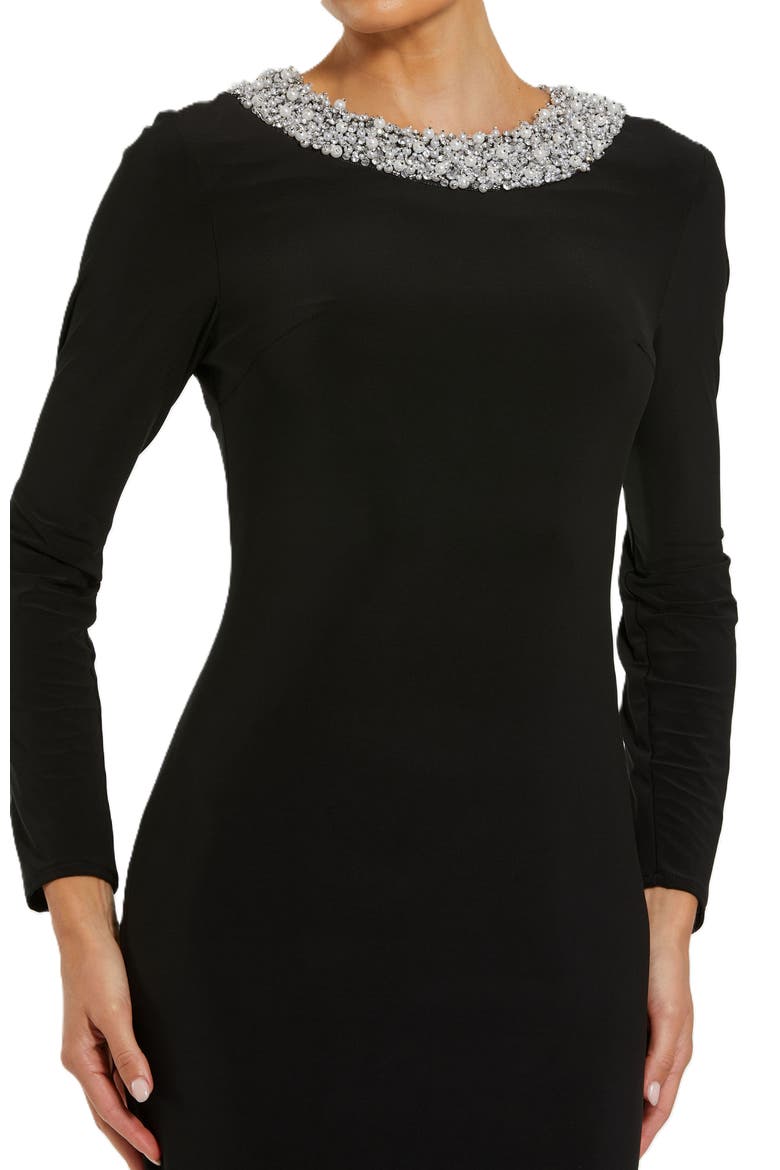 Jersey Long Sleeve Fitted Gown With Beaded Neck, Alternate, color, Black