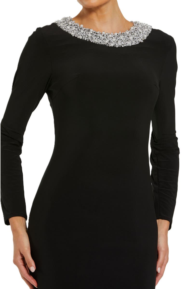 Mac Duggal Jersey Long Sleeve Fitted Gown With Beaded Neck, Alternate, color, Black
