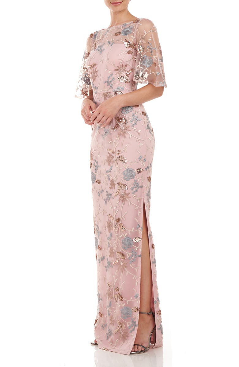 JS Collections Daphne Embroidered Sequin Column Gown, Alternate, color, Blush Multi