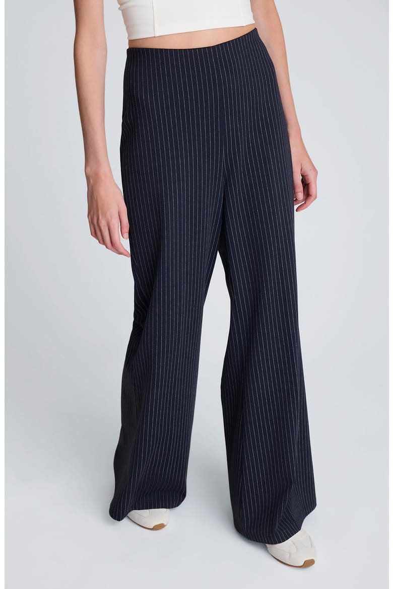 High Waist Pull-On Flare Pants, Alternate, color, DARK NAVY/ PURE WHITE MULTI