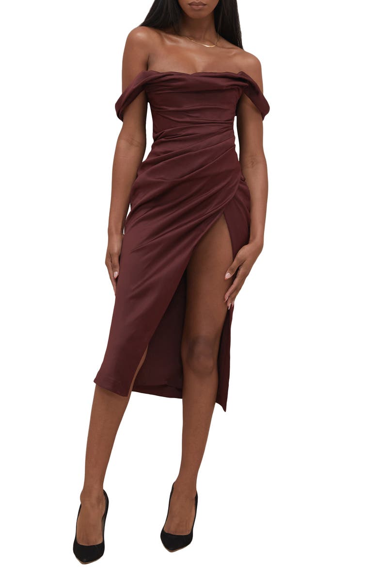 Rhoda Off the Shoulder Corset Dress, Main, color, RAISIN