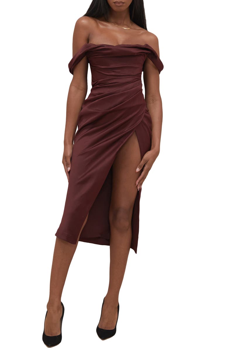 HOUSE OF CB Rhoda Off the Shoulder Corset Dress, Main, color, Raisin