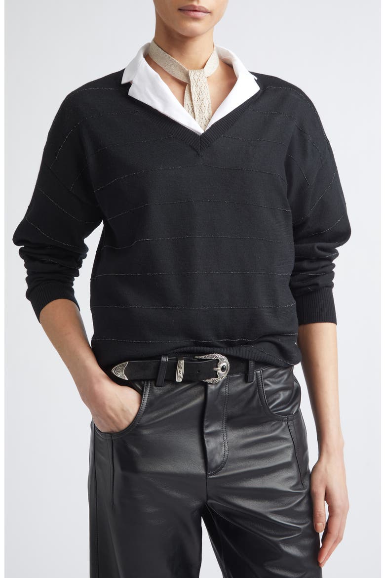 Metallic Stripe Wool V-Neck Sweater, Alternate, color, 22 BLACK