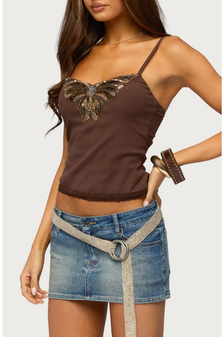 Sequin Butterfly Ribbed Tank, Alternate, color, BROWN