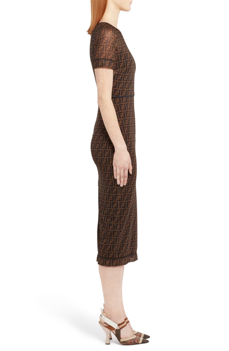 Fendi Sheer Sleeve Logo Pattern Midi Dress, Alternate, color, 