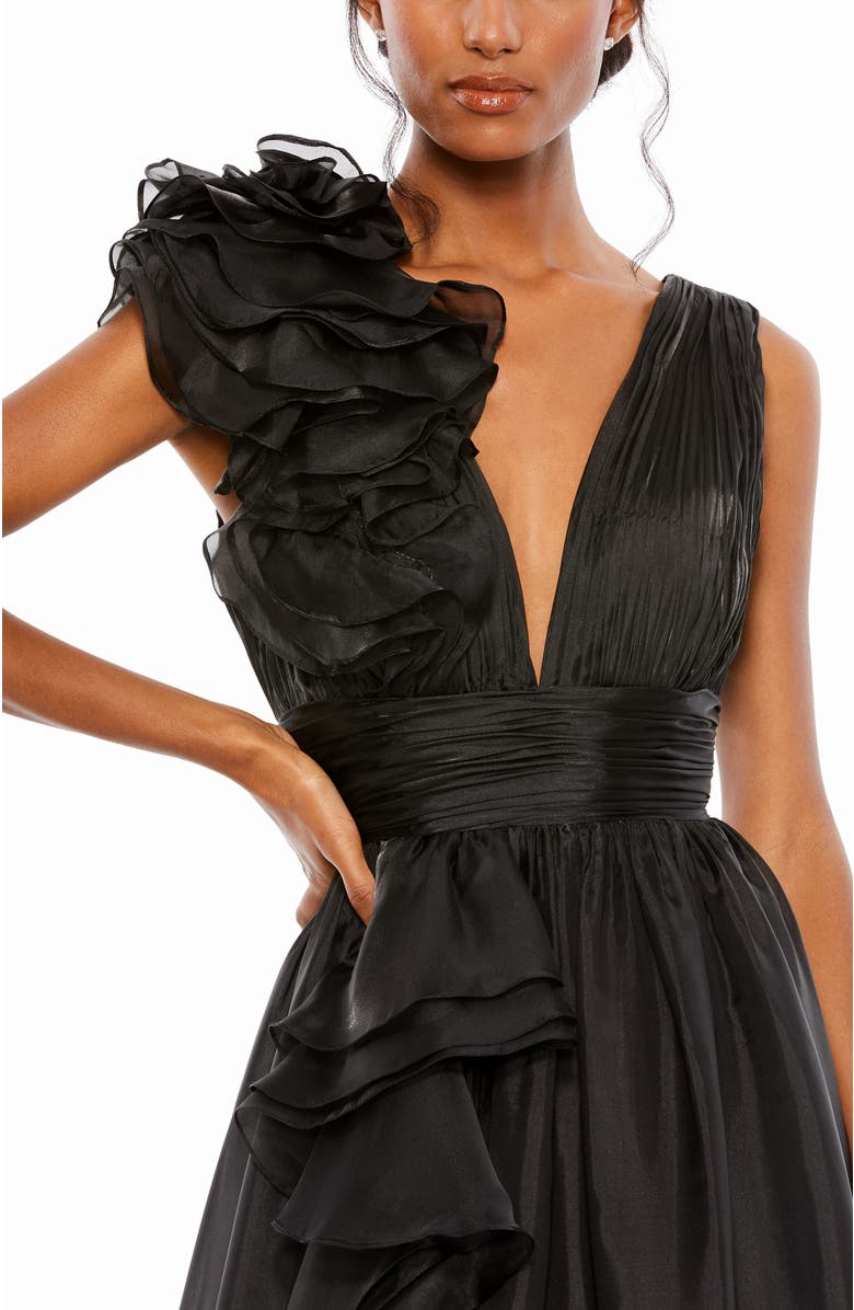 Mac Duggal Ruffle Shoulder V-Neck Chiffon Gown, Alternate, color, Black