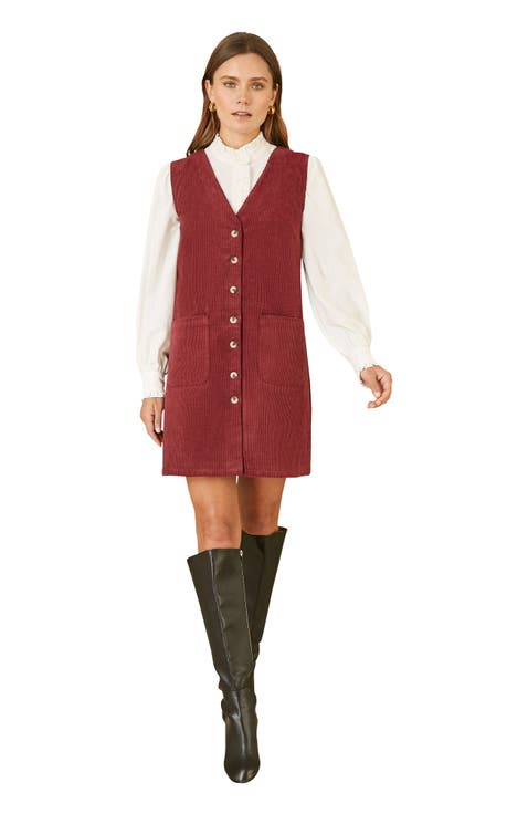 V-Neck Cord Pinafore Dress