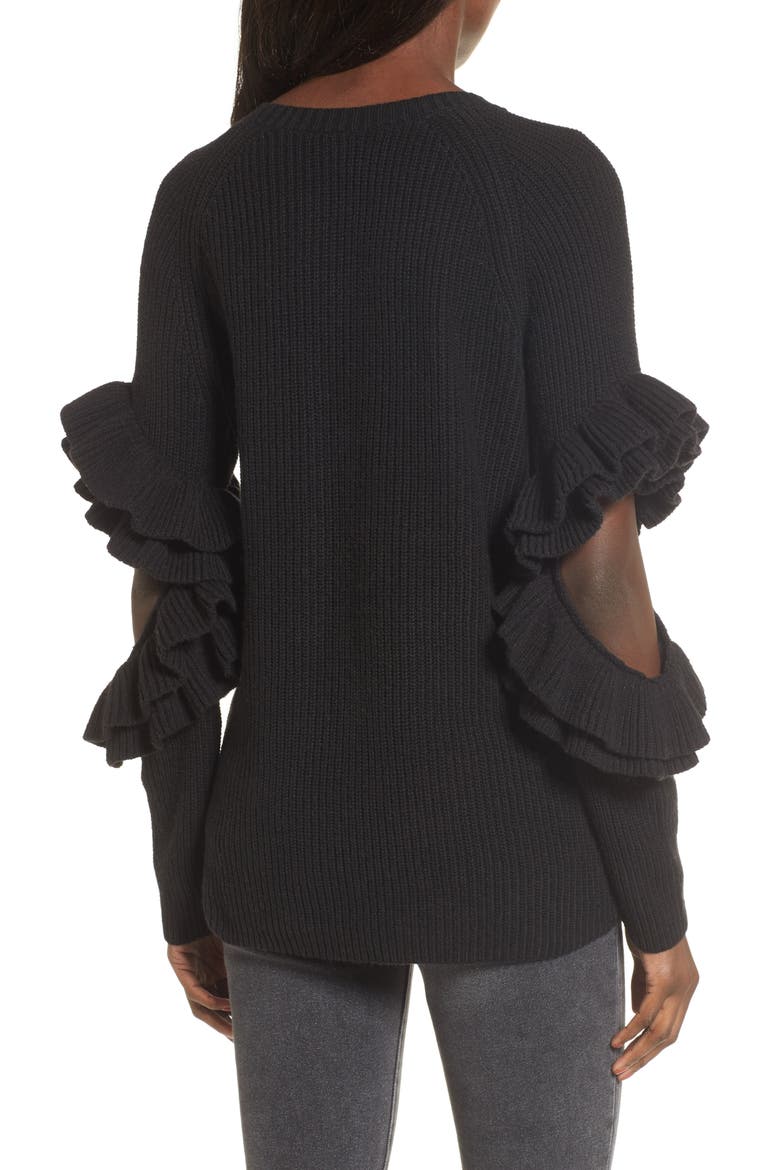 Elbow Cutout Ruffle Sweater, Alternate, color, BLACK