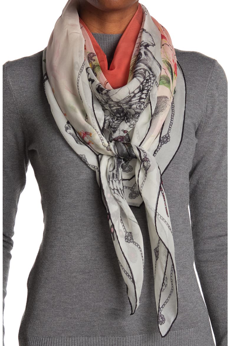 Alexander McQueen Wild Botanical Skull Print Silk Scarf, Main, color, IVORY PINK