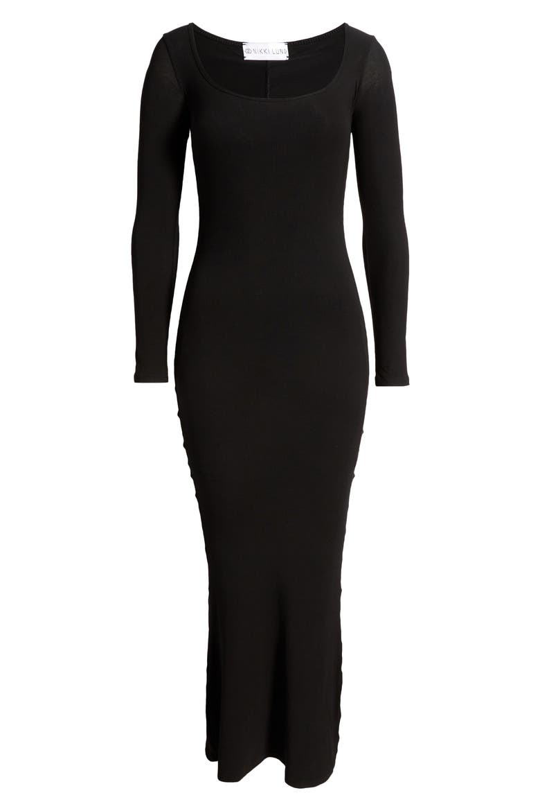 Money Long Sleeve Sculpting Knit Maxi Dress, Alternate, color, BLACK