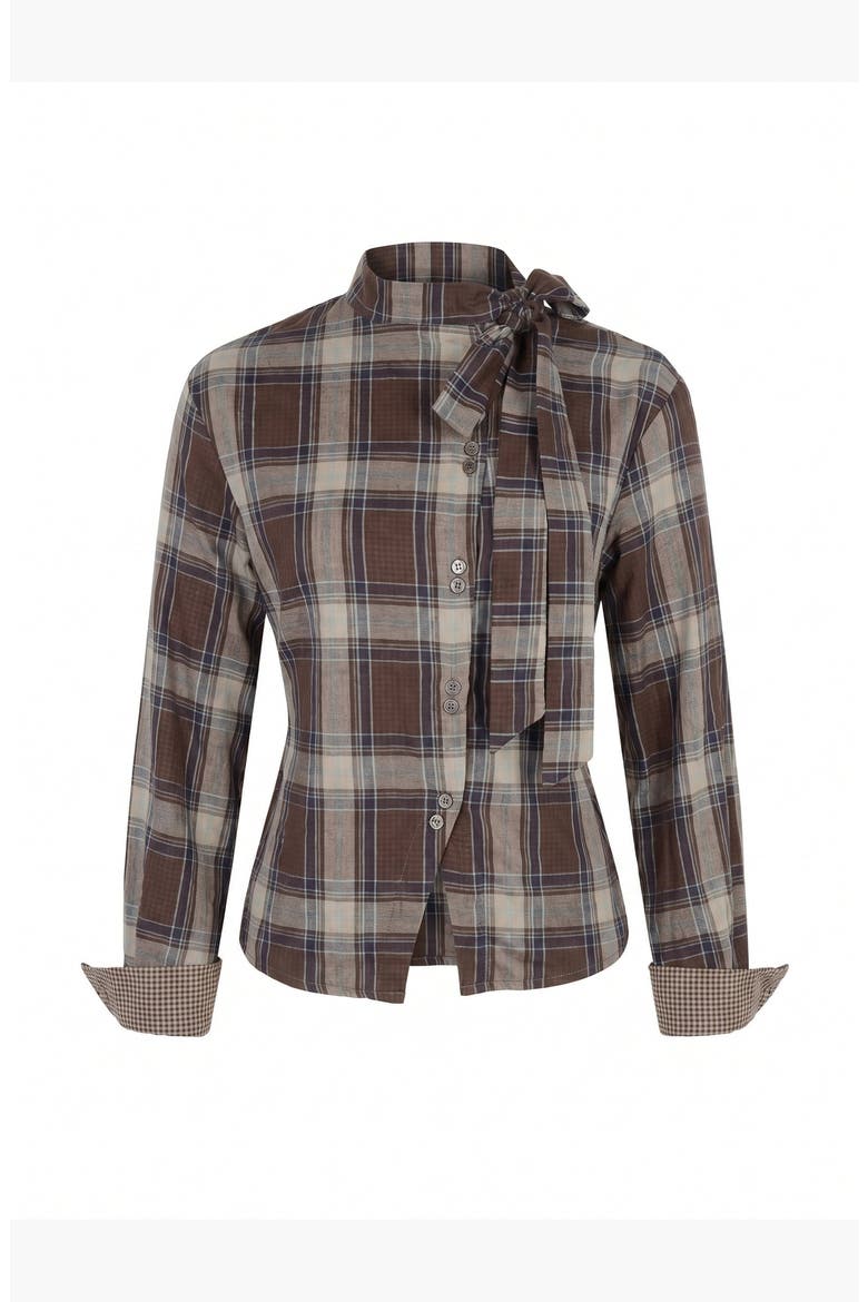 Plaid Long Sleeve Button Up Blouse with Side Tie, Alternate, color, Brown