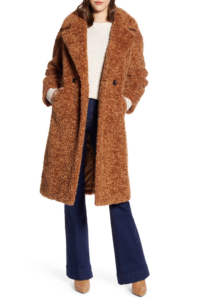 Double Breasted Faux Fur Teddy Coat, Main, color, BROWN