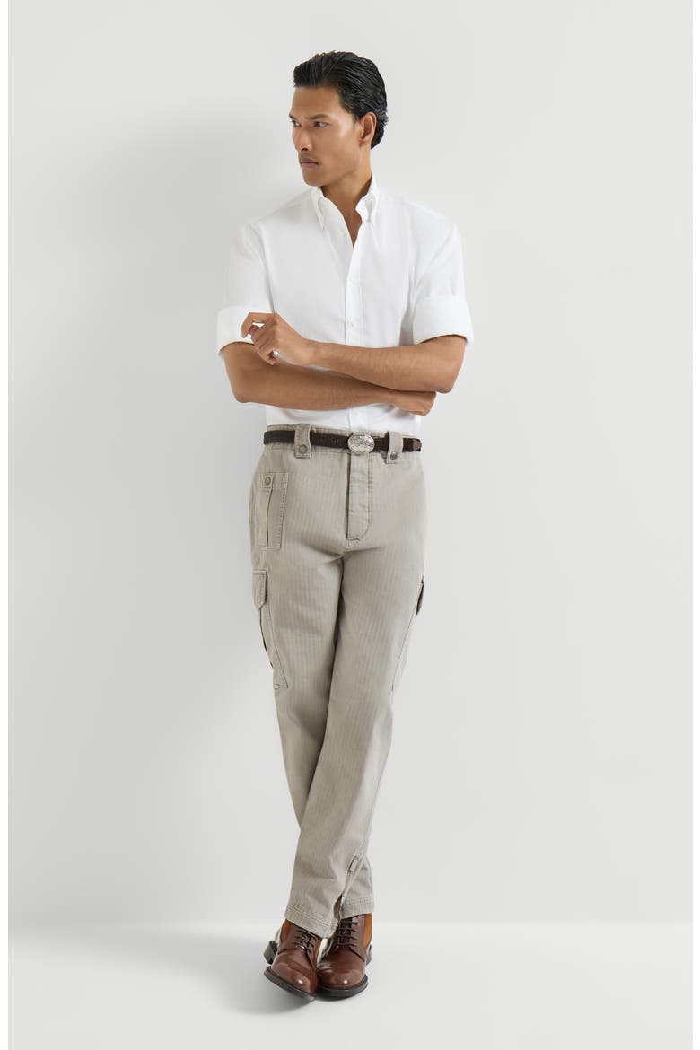 Garment-dyed multipocket cargo trousers in cotton chevron with zippers, Alternate, color, Grey