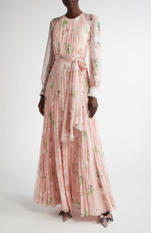 Shop Erdem Floral Pleated Long Sleeve Voile Gown In Marguerite Floral Pink