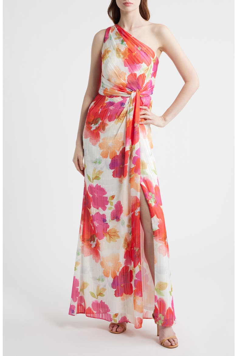 Metallic Floral One-Shoulder Gown, Main, color, IVORY/ CORAL/ PINK MULTI