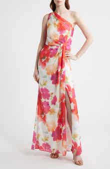 Metallic Floral One-Shoulder Gown