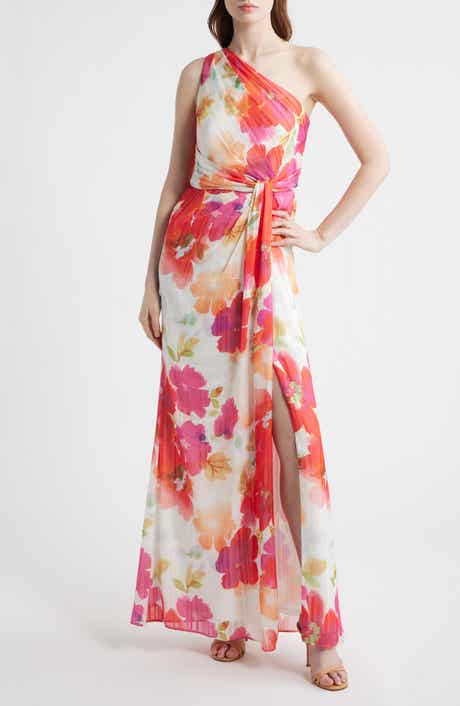 Metallic Floral One-Shoulder Gown
