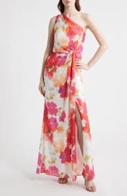 Adrianna Papell Metallic Floral One-Shoulder Gown