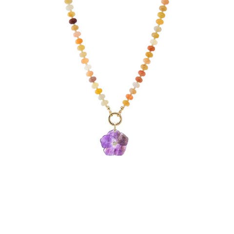 CZ Bezel Natural Stone Flower Charm & Beaded Clicker Necklace