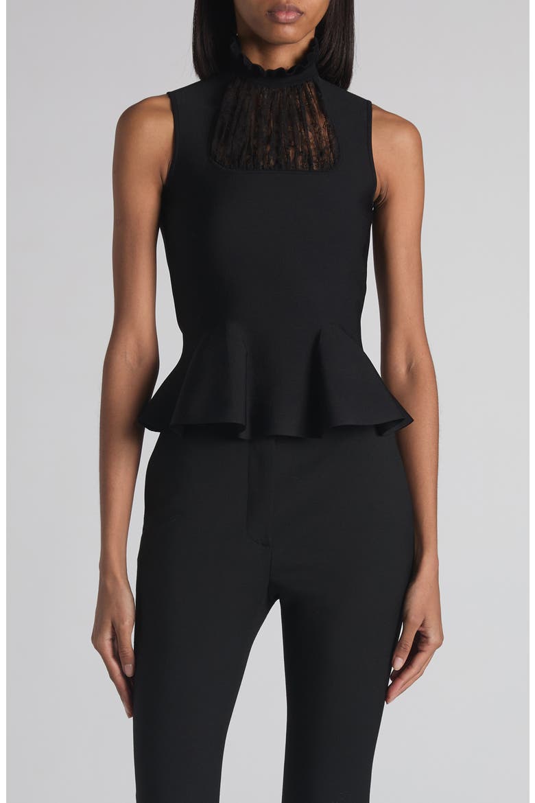 Lace Panel Sleeveless Peplum Top, Main, color, BLACK