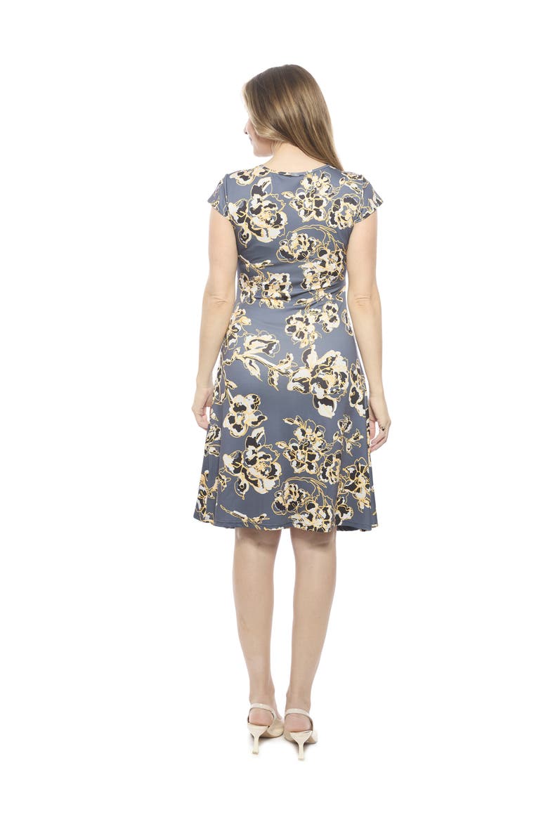 Womens Floral V-Neck Cap Sleeve Ruched Front Knee Length Dress, Alternate, color, Grey Multi