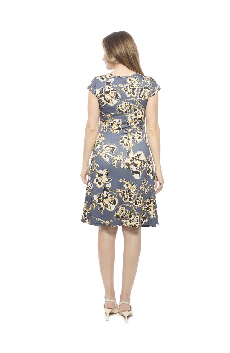 24seven Comfort Apparel Womens Floral V-Neck Cap Sleeve Ruched Front Knee Length Dress, Alternate, color, Grey Multi