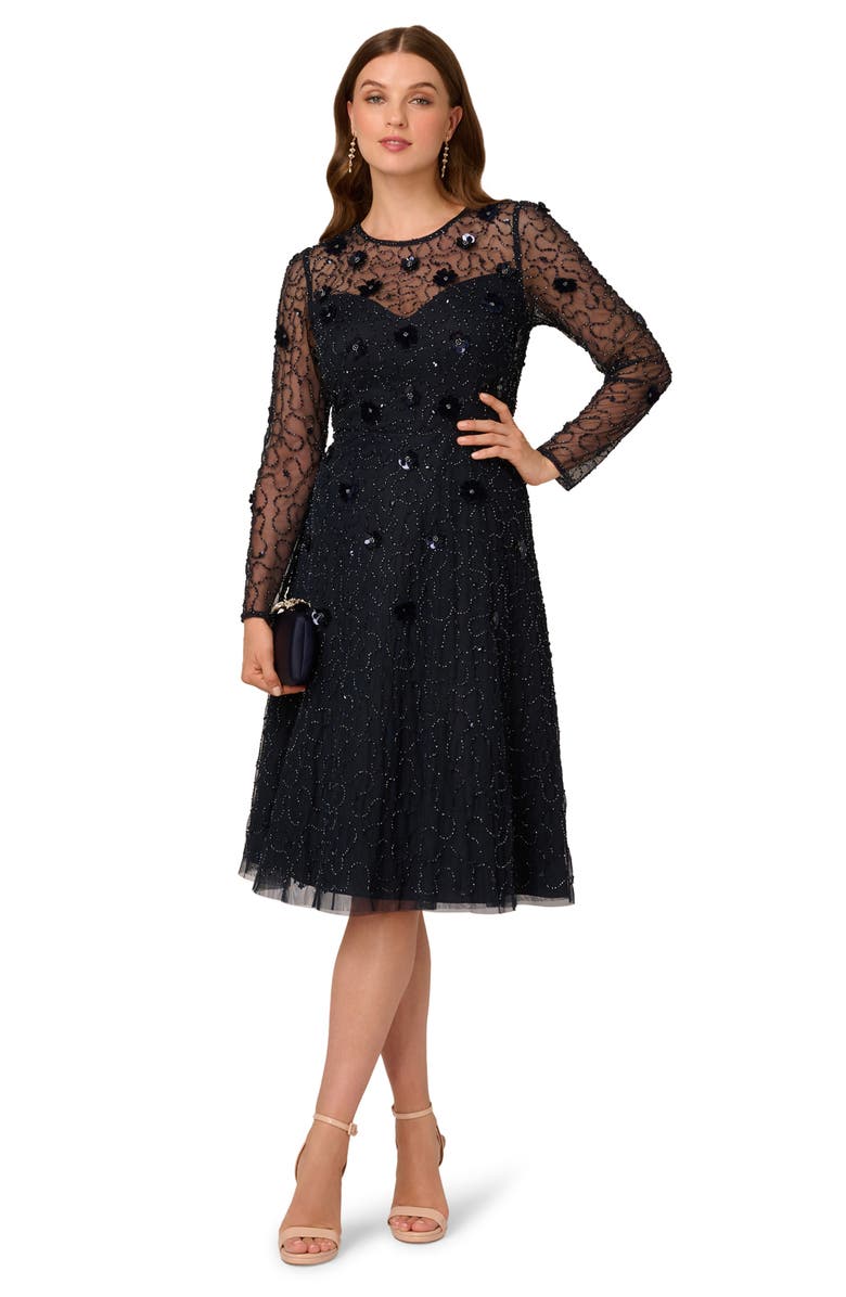 Adrianna Papell 3D Floral Beaded Long Sleeve Illusion Cocktail Dress, Alternate, color, Midnight