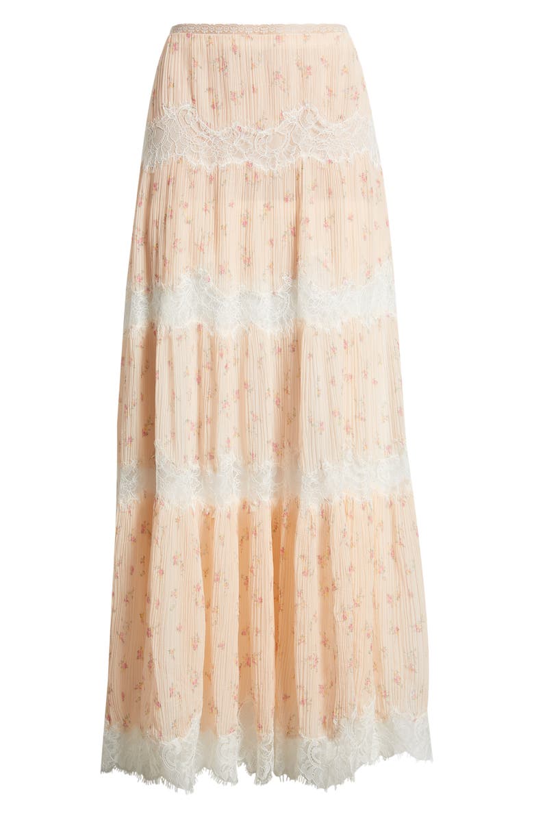 LoveShackFancy Everhart Floral Lace Detail Silk Chiffon Maxi Skirt, Alternate, color, Sweet Nectar