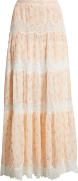 LoveShackFancy Everhart Floral Lace Detail Silk Chiffon Maxi Skirt