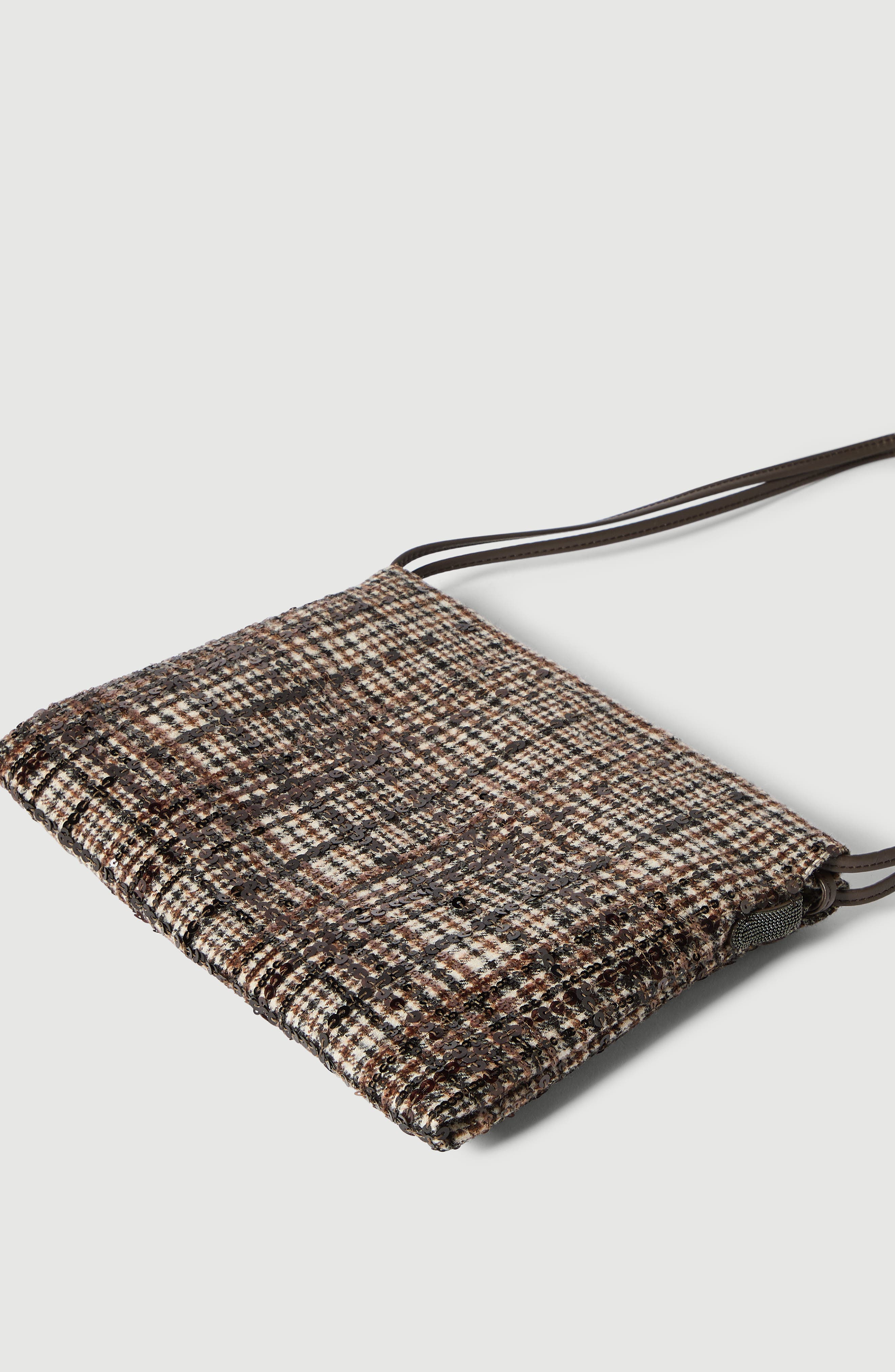 Pouch bag in water-resistant checked alpaca and wool with dazzling degradé embroidery, Alternate, color, Brown