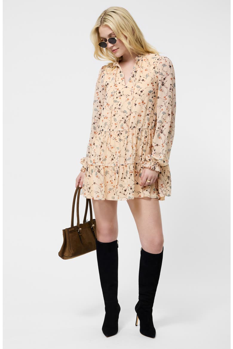Marina Floral Long Sleeve Chiffon Tiered Minidress, Alternate, color, BISQUE MULTI