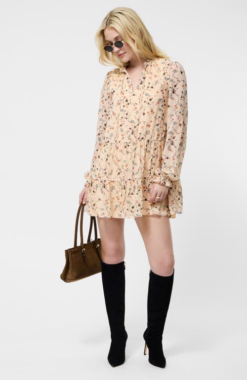 French Connection Marina Floral Long Sleeve Chiffon Tiered Minidress In Neutral