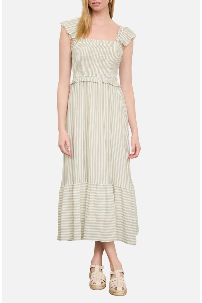 Stripe Flutter Sleeve Smocked Dress, Main, color, LIGHT OLIVE