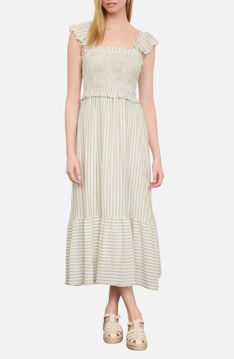 Stripe Flutter Sleeve Smocked Dress