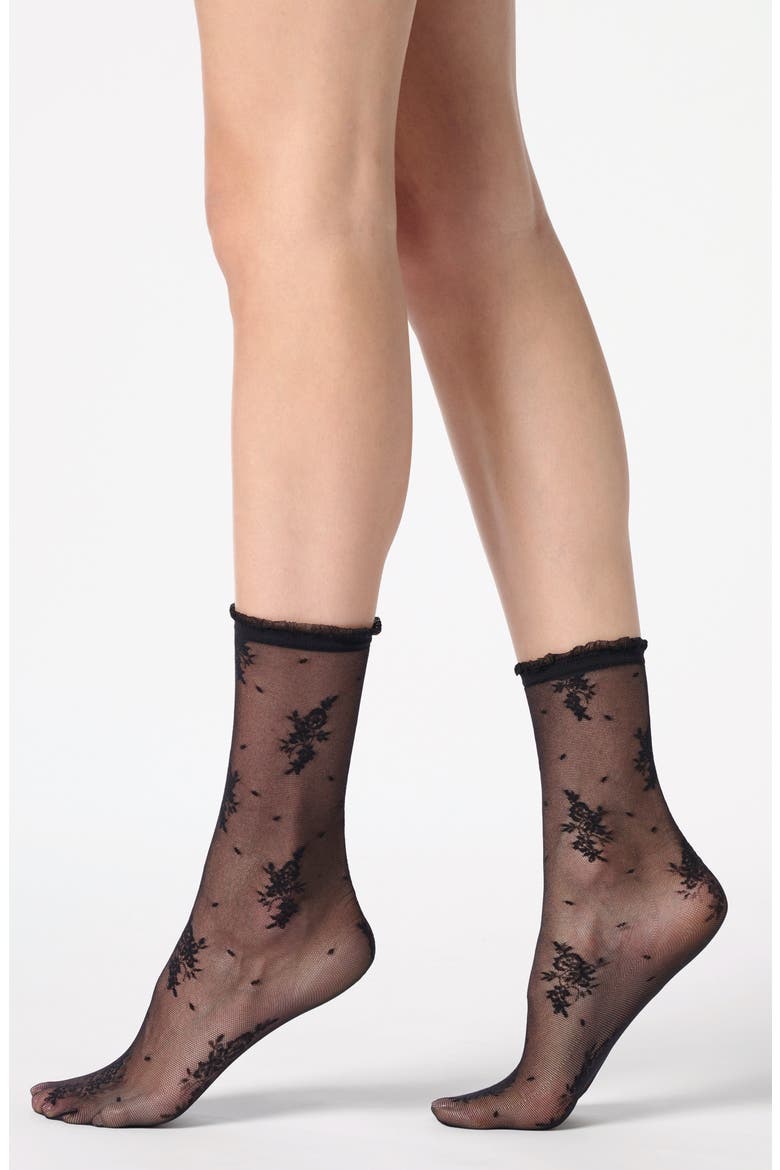 Pretty Lace Sheer Crew Socks, Main, color, BLACK