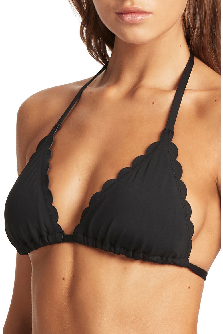 Scalloped Triangle Bikini Top, Alternate, color, BLACK