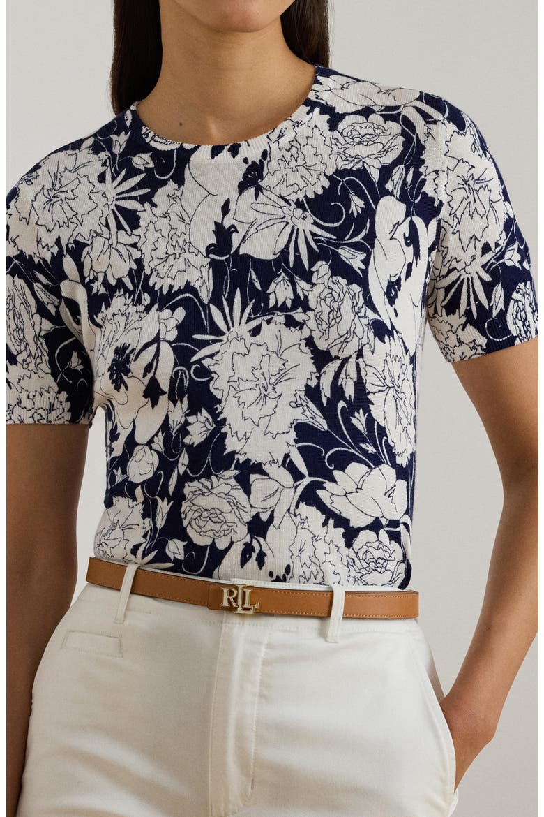 Floral Print Short Sleeve Sweater, Alternate, color, WHITE/ NAVY BLUE