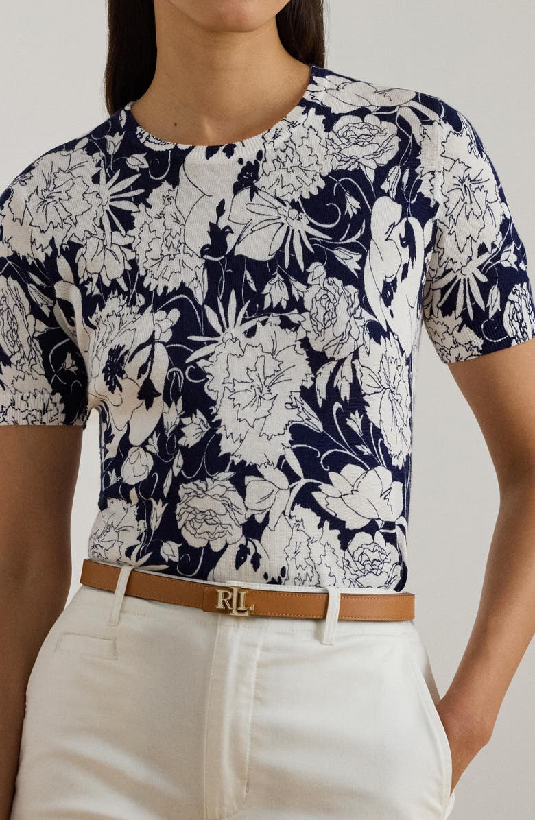 Lauren Ralph Lauren Floral Print Short Sleeve Sweater, Alternate, color, White/ Navy Blue